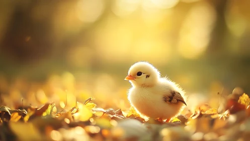 Fluffy chick rests on golden straw in warm sunlight