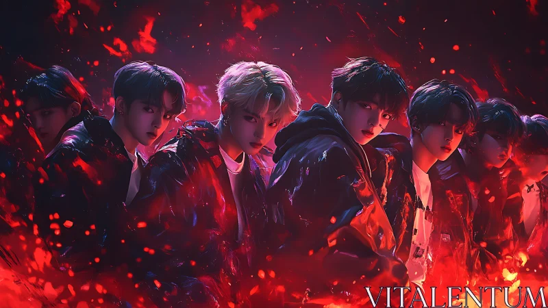 Dynamic boy group framed in vivid red cinematic glow.
