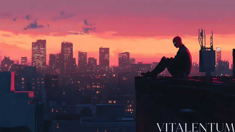 Solitary masked figure on rooftop above sunset cityscape.