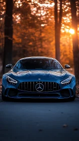 Mercedes performance coupe in autumn backlit forest glow.