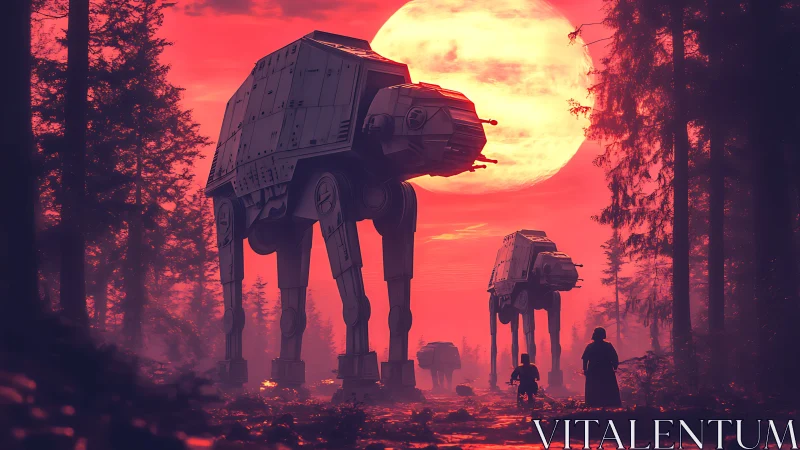 Colossal walkers cross crimson forest under huge sun.