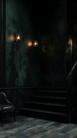 Moody dark staircase glows softly with vintage wall sconces