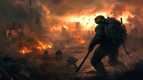 Armored turtle warriors crossing a burning urban wasteland.