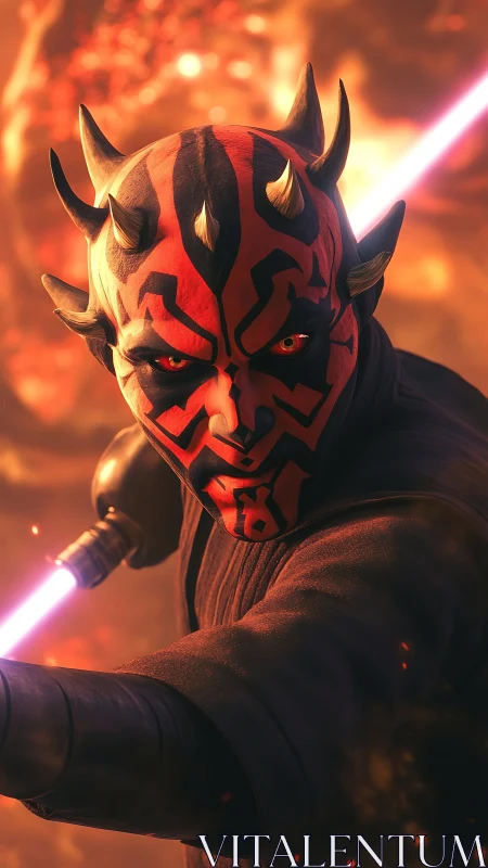 Horned red warrior with lightsaber in fiery environment.