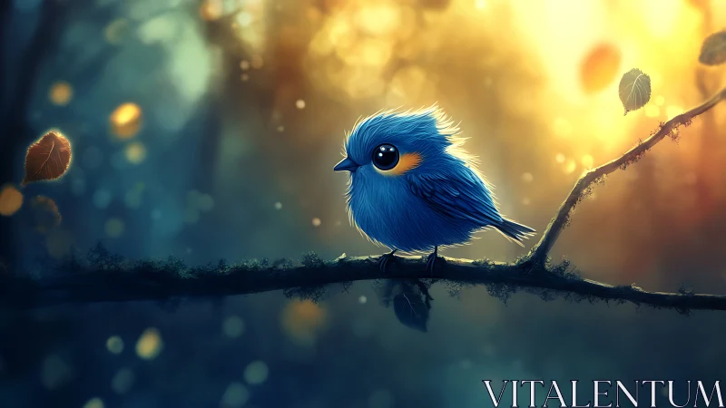 Whimsical blue bird illustration on a branch with glowing forest light.