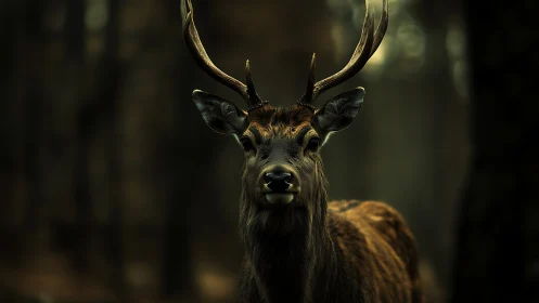 Stag in low-key forest portrait with dramatic antler silhouette.