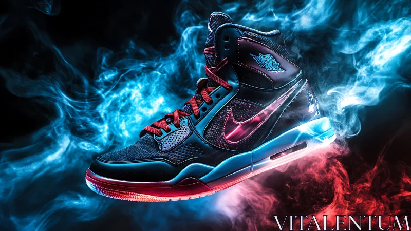 High contrast basketball sneaker with neon smoke lighting.