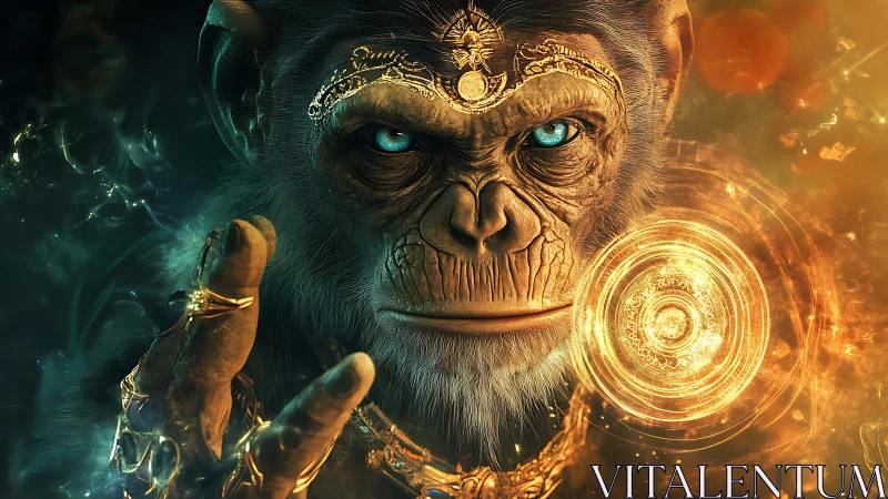 Mystic cybernetic ape controls radiant golden energy portal