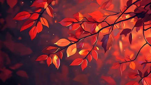 Autumn branches display layered red leaves against light