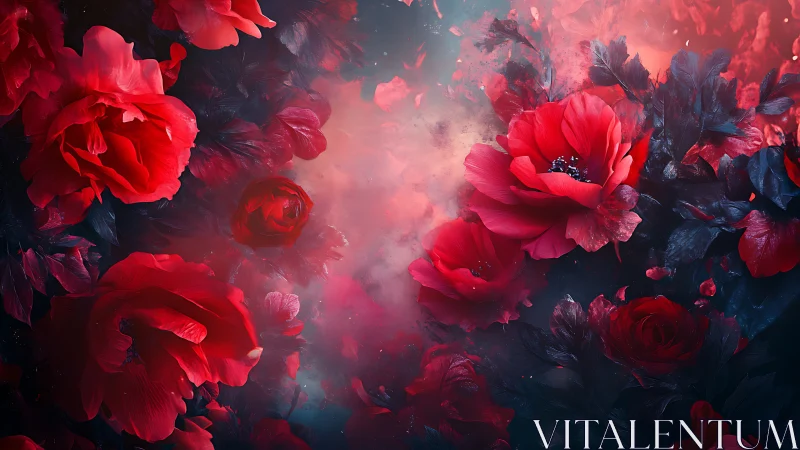 Ethereal Red Blooms Suspended in Atmospheric Mist.