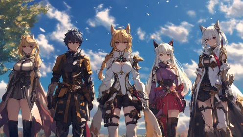 Fox-eared fantasy squad under bright blue sky line-up.