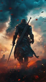 Armored warrior with sword in burning battlefield landscape.
