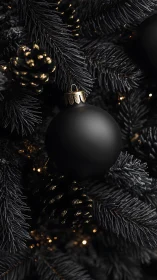 Black matte bauble on dark fir branches with gold accents.
