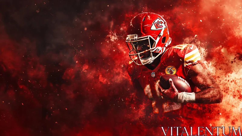 Explosive football runner surges through fiery red stadium haze