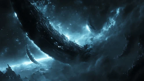 Colossal alien ringworld drifts through luminous nebula