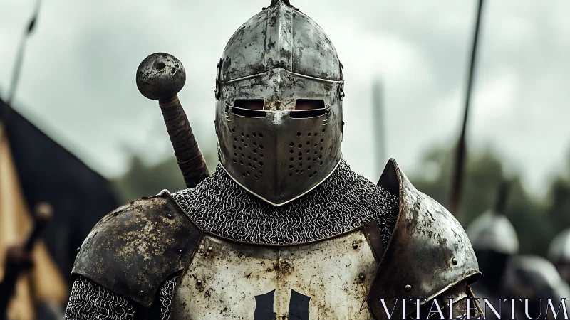 Heavily armored medieval knight in full battle gear.
