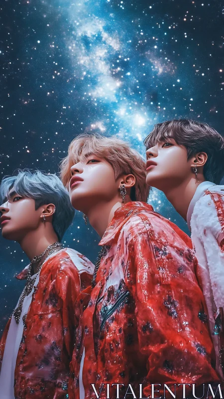 Trio of cosmic dreamers gaze upward beneath starry galaxy.