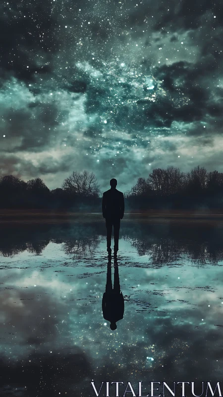 Quiet stargazer standing between sky and shimmering reflection.