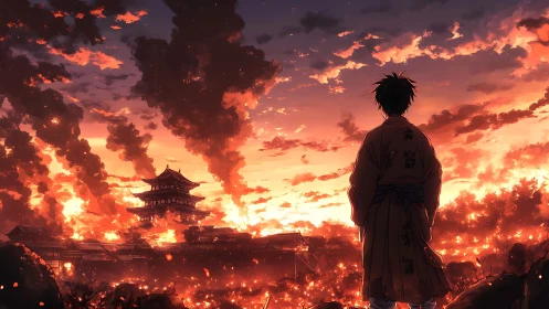 Figure observing burning pagoda complex under dense smoke.