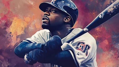 Baseball slugger watches a soaring hit amid vivid colors