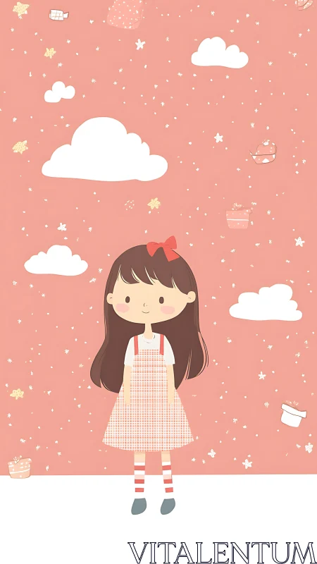 Girl stands on white floor against pink cloud background.