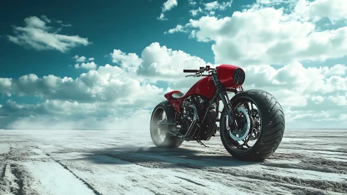 Custom red motorcycle stands on flat salt desert terrain