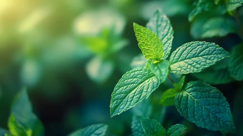 Mint plant leaves are shown in close-up under soft daylight