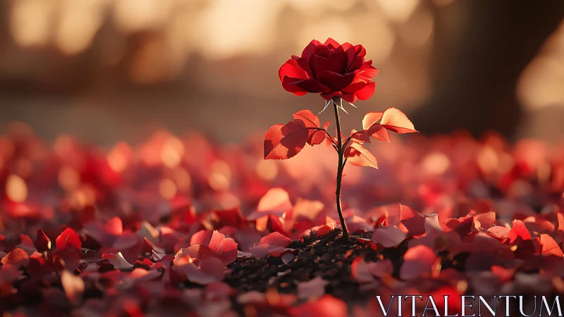 Crimson Rose Bloom Rising From Fallen Petals