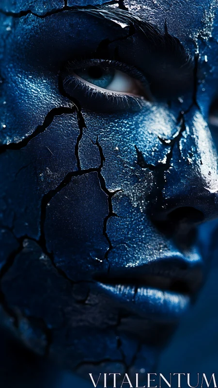 Photoreal close-up of cracked metallic blue painted face.