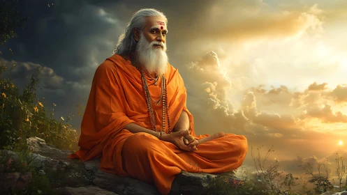 Serene sage meditates on a cliff beneath radiant sunset skies