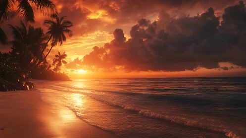 Tropical shoreline catches low sun under dense storm clouds