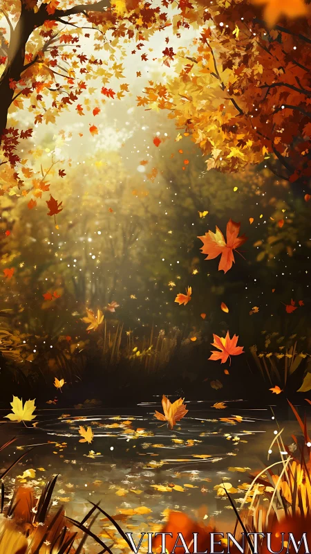 Autumn maple leaves drifting above reflective forest pond.