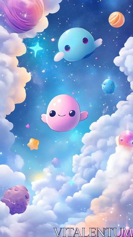 Soft galaxy friends drifting through a dreamy starry sky.