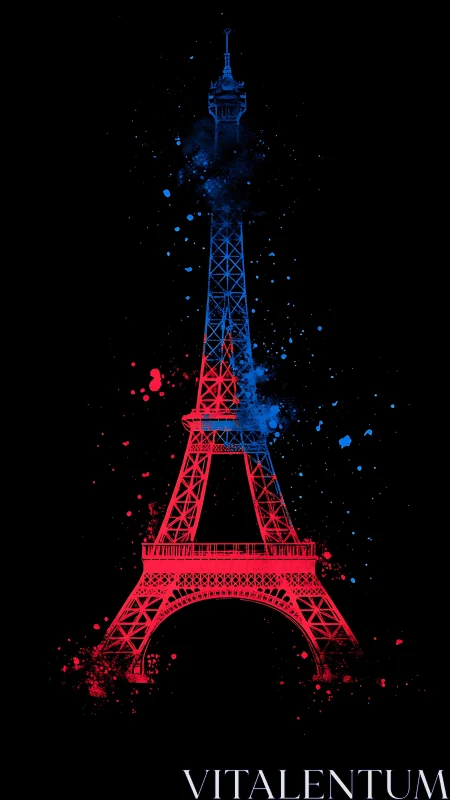 Paris tower in electric red and blue night splashes.