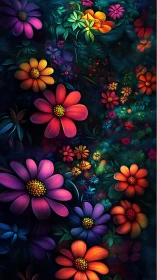 Neon Cosmos Flowers Against Dark Botanical Background