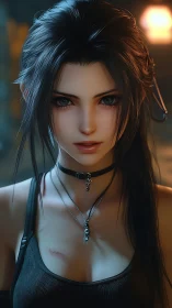 Warrior heroine portrait with cyberpunk ambient glow.