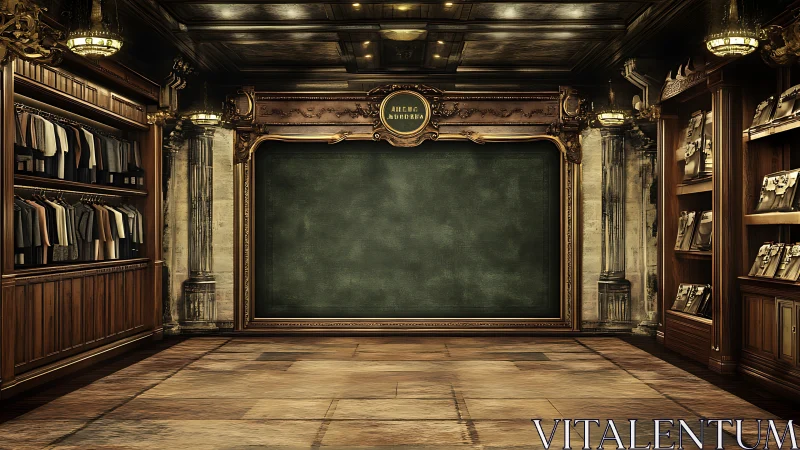 Vintage boutique interior frames central empty chalkboard.