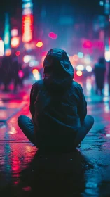 Quiet hooded figure soaking in neon city rain glow.