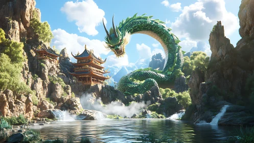Serpentine jade dragon spanning misted temple gorge panorama.