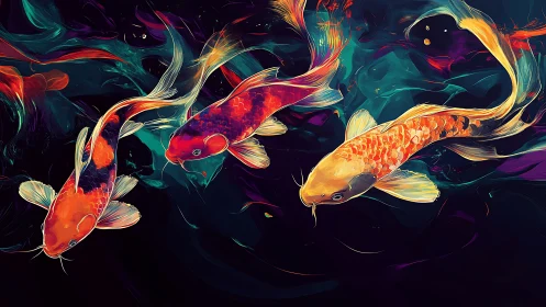 Vibrant koi fish swirl through luminous abstract water.