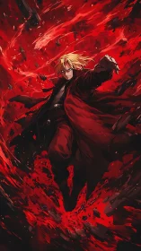 Blond anime fighter in red coat amid violent crimson energy.