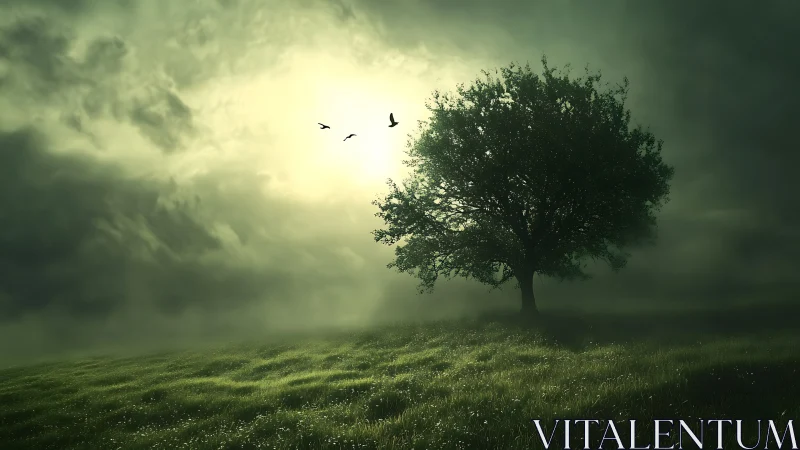 Solitary tree glowing softly in misty green morning light.