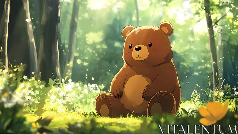 Cartoon bear sits in sunlit forest clearing during daytime