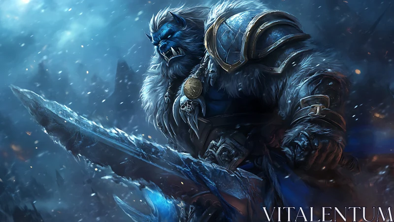 Ice warlord brandishes colossal frosted greatsword in storm