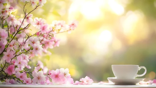 Pink Blossoms and Teacup in Spring Sunlight