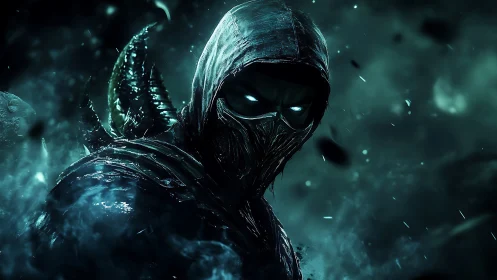 Hooded spectral assassin with bioluminescent eyes in icy vortex