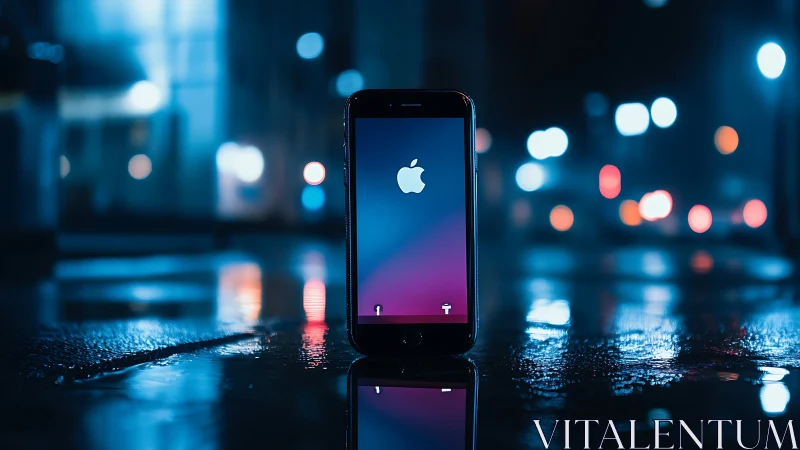 Glowing Apple Device Amid Urban Night Lights.