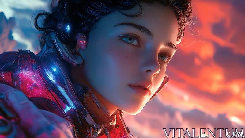 Gentle cyborg dreamer watching a neon cloud horizon glow.