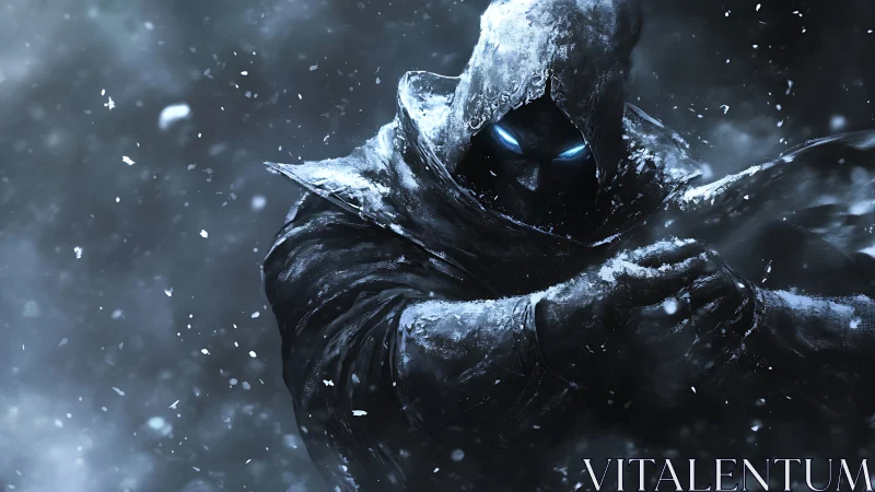 Hooded ice assassin advances through swirling blizzard storm