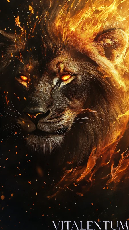 Fiery lion portrait merges realistic fur with erupting flames